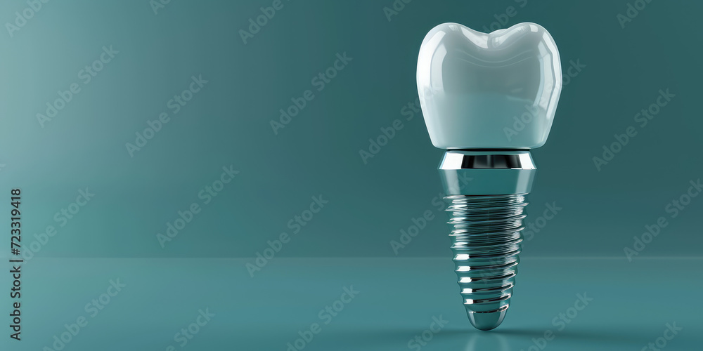 3D Render of a Dental Implant in Jaw, blue background with copy space. Detailed illustration of a dental implant in the gum line among natural teeth. - obrazy, fototapety, plakaty 