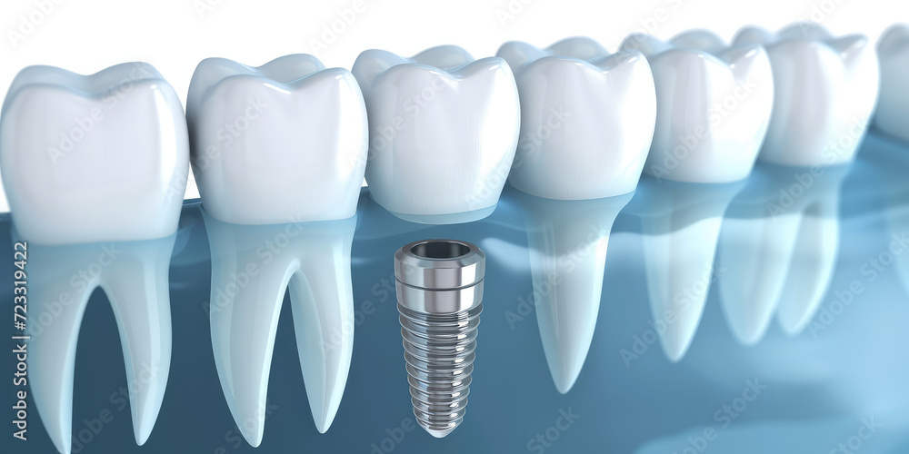3D Render of a Dental Implant in Jaw, white background with copy space. Detailed illustration of a dental implant in the gum line among natural teeth. 3D Render of a Dental Implant in Jaw, white background with copy space. Detailed illustration of a dental implant in the gum line among natural teeth.