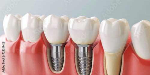3D Render of a Dental Implant in Jaw, grey background with copy space. Detailed illustration of a dental implant in the gum line among natural teeth.