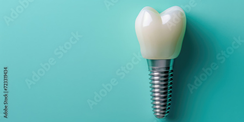 3D Render of a Dental Implant in Jaw, blue background with copy space. Detailed illustration of a dental implant in the gum line among natural teeth. photo