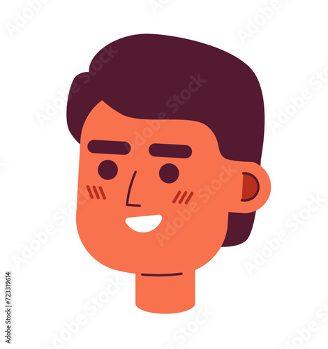 Latino young man beaming toothy 2D vector avatar illustration. Hispanic ethnicity male cartoon character face portrait. Casual smiling flat color user profile image isolated on white background