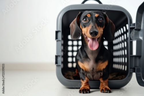 Cute dachshund pup playfully sticks tongue out sitting by open pet carrier Suitable for travel