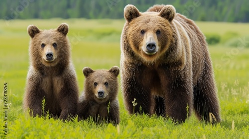 brown bear in the woods, Experience the awe-inspiring beauty of a Brown bear, ursus arctos, mother and her two playful cubs on a sprawling green meadow