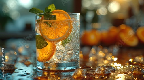  a close up of a glass of water with a slice of orange and mint on the rim of the glass with ice and water droplets on the surface of the water.