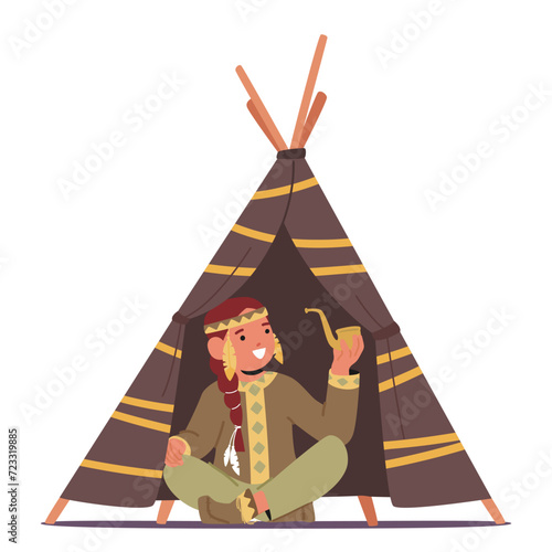 Young Native American Chief Character, Adorned In Vibrant Tribal Patterns, Wears A Feathered Headdress And Moccasins