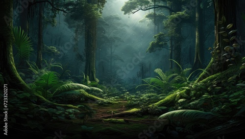 green foliage and ferns in the dark wood © Alexei