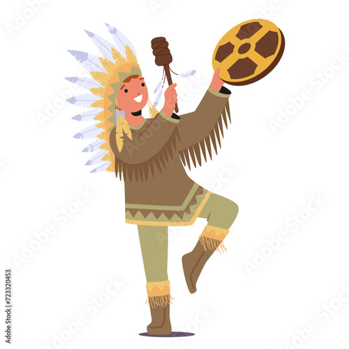 Native American Shaman Kid Character Wears A Vibrant, Fringed Buckskin Outfit With Tribal Symbols, Hold A Tambourine