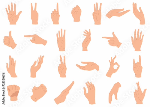 Set of hands gestures in doodle style isolated gesturing human arms. Vector man or woman hands showing peace sign, heart and money, handshake. Fingers with cigarette, pencil and bank card