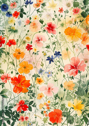 Sunny watercolour background with flowers of the European summer. AI generative.