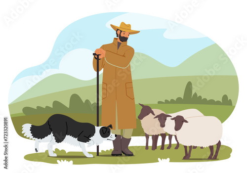Shepherd, A Diligent Guardian, Tends To The Flock With Unwavering Dedication. His Loyal Dog, A Furry Companion