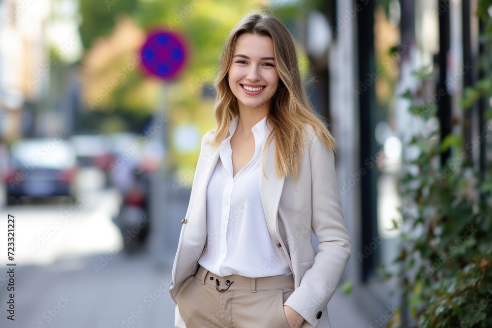 Young happy pretty smiling professional business woman, happy confident positive female entrepreneur standing outdoor on street hands in pockets, looking at camera, Young happy pretty smiling professional business woman, happy confident positive female entrepreneur standing outdoor on street hands in pockets, looking at camera,