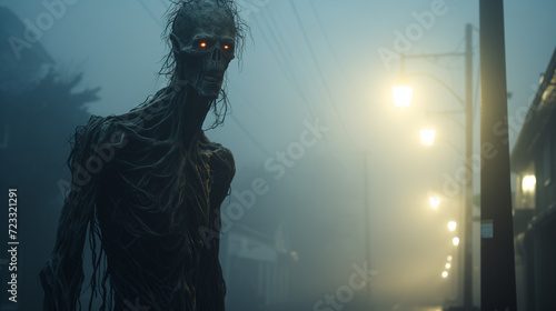 A scary monster in the middle of an empty street. 
A scary figure from a horror movie. 
Ghost