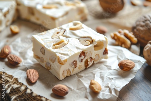 Delightful nutty nougat pieces on parchment paper with room for text © LimeSky