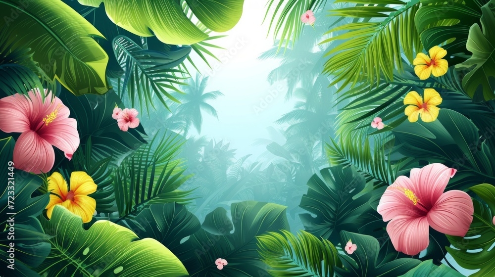 Fototapeta premium Beautiful background for advertising with tropical leaves, palm trees