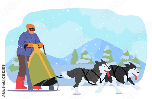 Man Joyously Rides A Sled, Propelled By A Spirited Team Of Dogs, Their Energy Carving Through The Snowy Landscape