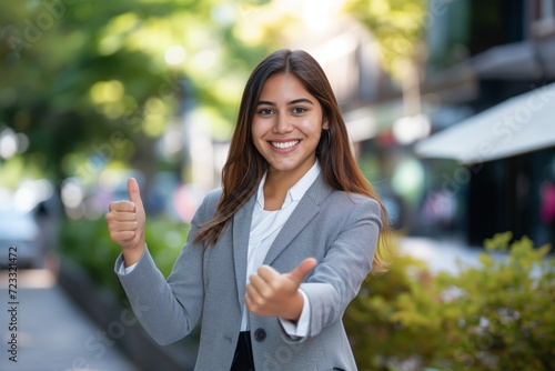 Young happy pretty smiling professional business woman, happy confident positive female entrepreneur standing outdoor on street thumbs up, looking at camera,