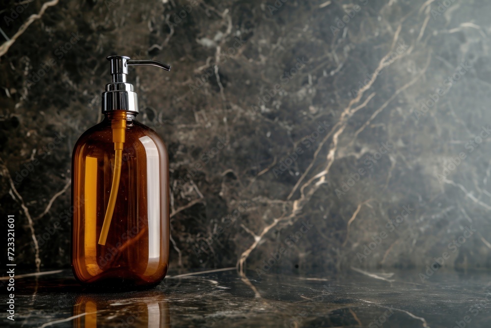 Eco friendly amber glass dispenser filled with soap with pump on marble Eco friendly amber glass dispenser filled with soap with pump on marble