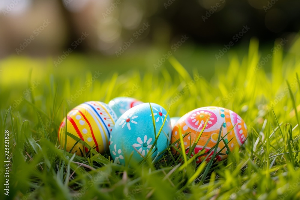 Easter eggs over a field grass Easter eggs over a field grass
