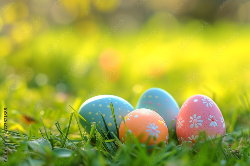 Decorated Painted Easter eggs over a field grass