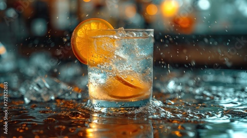  a close up of a glass of water with a slice of an orange on the rim of the glass and water splashing on the glass and on the surface.