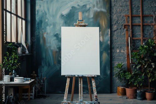 Empty cozy painting studio in loft apartment with clear canvas on easel and paintbrush on table