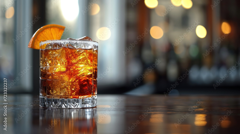 a close up of a glass of alcohol with an orange slice on the rim of the glass and a blurry background of lights in the background of the room. a close up of a glass of alcohol with an orange slice on the rim of the glass and a blurry background of lights in the background of the room.