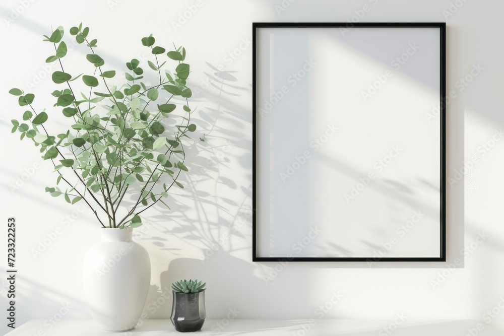 Empty picture frame display for art or print on white wall with eucalyptus plant in vase Empty picture frame display for art or print on white wall with eucalyptus plant in vase