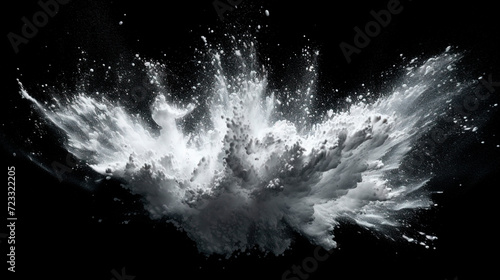 White powder explosion isolated on black background. White dust particles splash