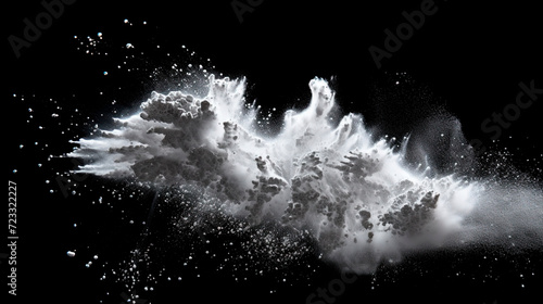 White powder explosion isolated on black background. White dust particles splash