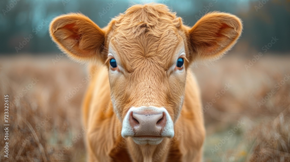 a close up of a brown cow in a field of tall grass with a blue eye looking at the camera with a blurry background of trees in the background. a close up of a brown cow in a field of tall grass with a blue eye looking at the camera with a blurry background of trees in the background.