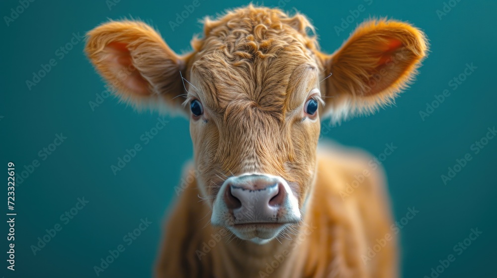 a close up of a brown cow's face looking at the camera with a blue back ground and a light blue back ground behind the cow's head. a close up of a brown cow's face looking at the camera with a blue back ground and a light blue back ground behind the cow's head.