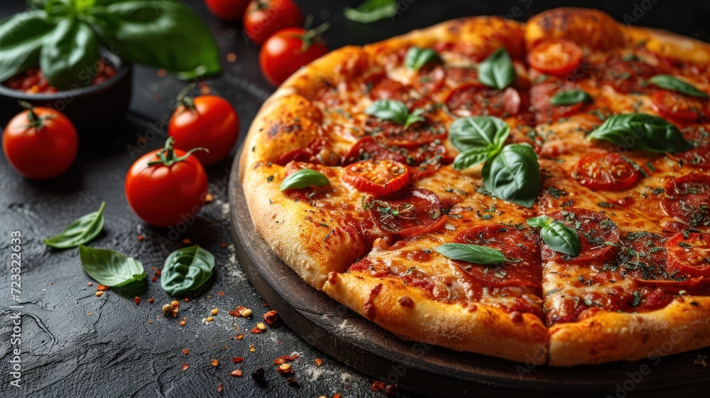  a pizza sitting on top of a wooden cutting board next to a bowl of tomatoes and basil on top of a black table with a bowl of tomatoes and basil on the side.