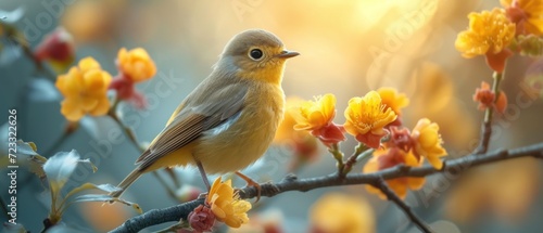  a small yellow bird sitting on a branch of a tree with yellow and red flowers in front of a blue sky with the sun shining through the branches of the branches. © Jevjenijs