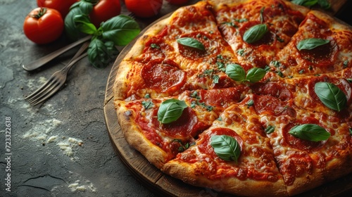  a pizza sitting on top of a wooden cutting board next to a pile of tomatoes and a knife and fork on top of a wooden cutting board next to a bunch of tomatoes.