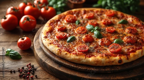  a pizza sitting on top of a wooden cutting board next to a bunch of tomatoes and pepperoni on top of a wooden table next to a pile of pepperoni and basil.