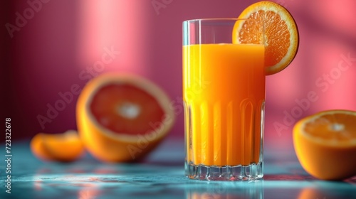  a glass of orange juice sitting on top of a table next to a half of a grapefruit and a half of a grapefruit on the table.