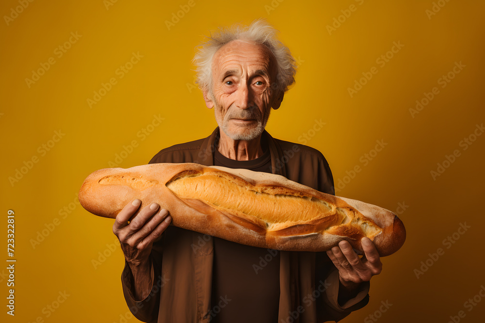 Elderly Man with Giant Baguette. Generative AI Elderly Man with Giant Baguette. Generative AI