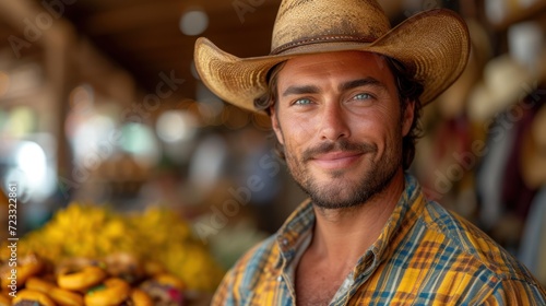 Obraz na plátně a man wearing a cowboy hat stands in front of a display of bananas and other produce at a farmer's market, smiling for the camera man is looking at the camera