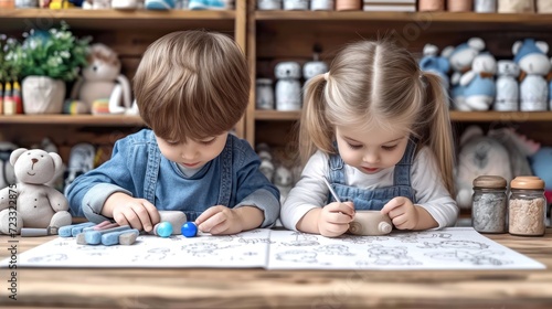  a boy and a girl sitting at a table with a book and crayons in front of a shelf full of knick knacks and knacks. photo