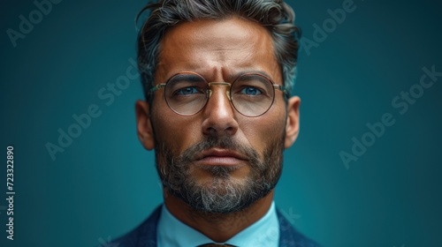  a close up of a person wearing glasses and a suit with a blue shirt and tie and a tie with a beard and glasses on a dark background of blue.