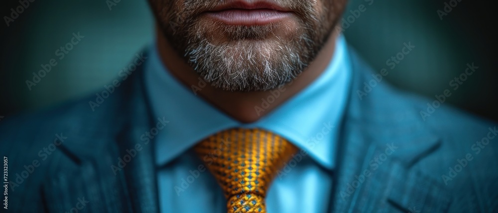  a close up of a man wearing a blue suit and a yellow tie with a blue shirt and a blue blazer and blue shirt with a gold and black tie. - obrazy, fototapety, plakaty 