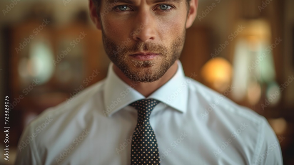  a close up of a person wearing a shirt and a tie with a tie bar on the bottom of his shirt and a tie bar on the bottom of his shirt. - obrazy, fototapety, plakaty 
