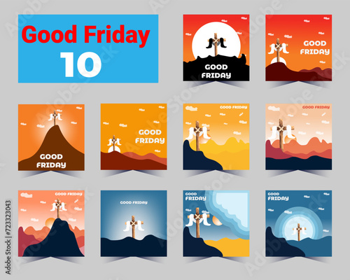 Cross crucifix on hill and bird flying at sunset for good friday vector design photo