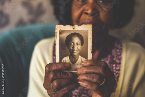 AI Generated Image of senior black woman holding old photograph of her younger self