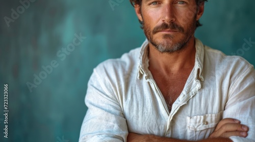  a close up of a person wearing a white shirt with his arms crossed and looking at the camera with a serious look on his face, with a blue wall in the background.