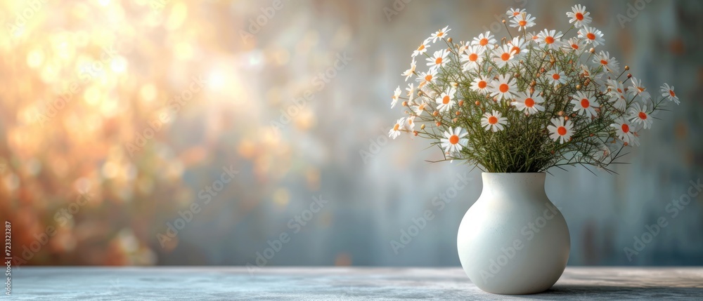 a white vase with a bunch of daisies in it sitting on a table in front of a wall with sunlight coming through the window and a blurry background. a white vase with a bunch of daisies in it sitting on a table in front of a wall with sunlight coming through the window and a blurry background.