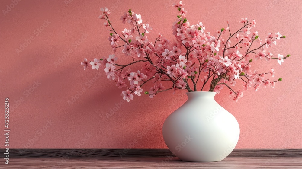  a white vase filled with pink flowers on top of a wooden table in front of a pink wall and a pink wall behind the vase is a white vase with pink flowers.