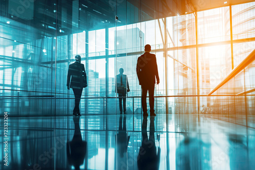 Silhouettes of Business People Walking Through Corporate Building with Reflective Glass Walls