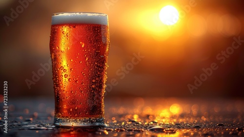  a close up of a glass of beer on a table with the sun shining in the background and water droplets on the glass and the table top of the glass.