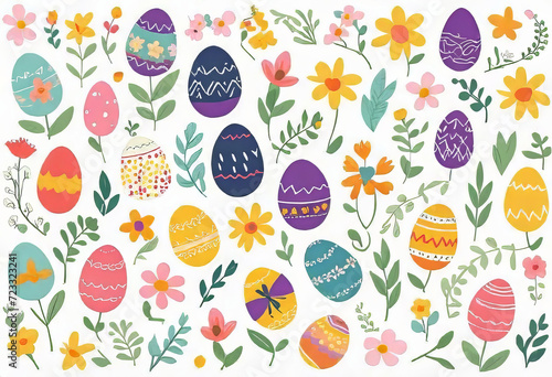 Vector illustration of colorfully painted Easter eggs and spring flowers. Easter decorations, seamless primitive pattern, children's doodles for prints,